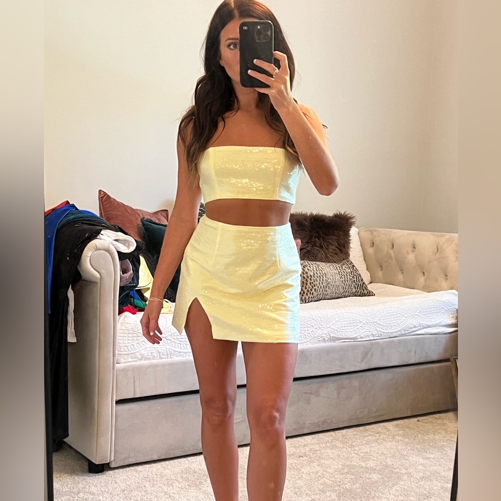 Yellow sequin crop top and skirt set
